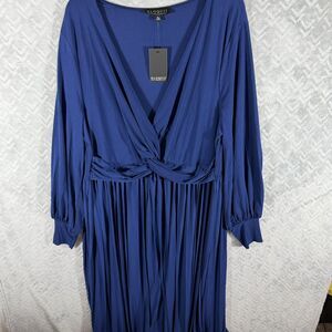 Eloquii Dress Plus Blue V-Neck Long Sleeve Knot Front Pleated Midi Size 20 NWT